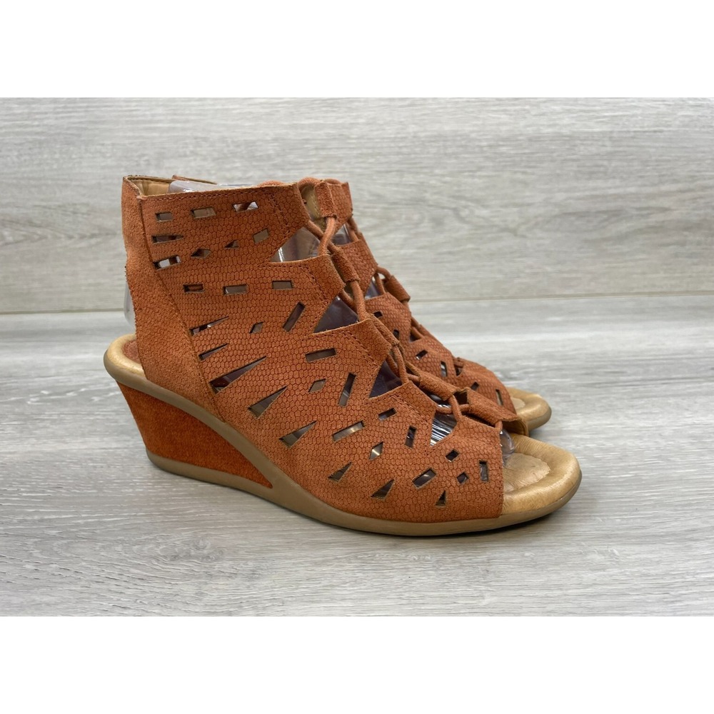Earth Day lily Women's Sandal Gladiator Strappy Cut Out Wedge Leather 8.5 Brown